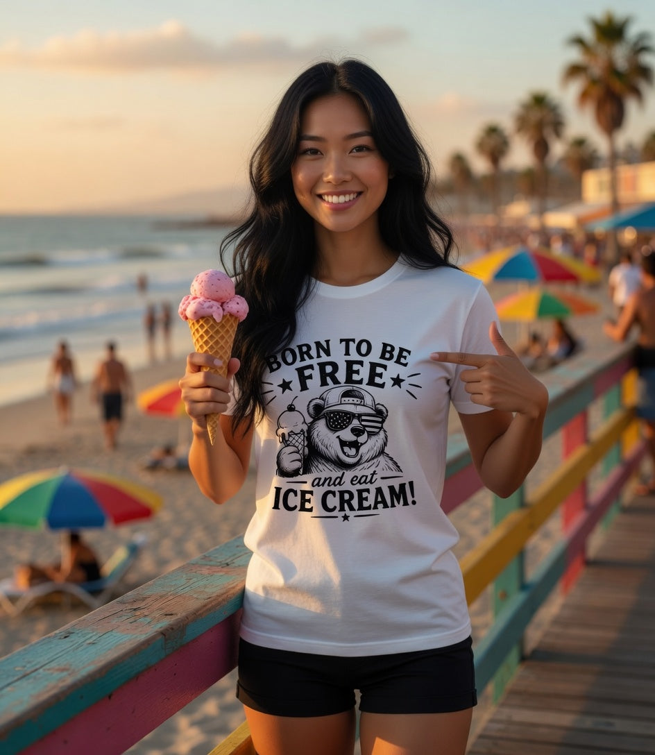 Born to Be Free and Eat Ice Cream Bear T-Shirt